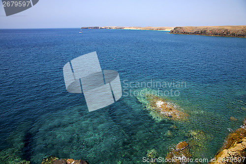 Image of coast lanzarote  spain musk pond    water   boat  and summer 