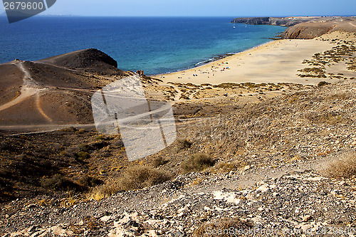 Image of in lanzarote spain pond  rock stone sky cloud beach  