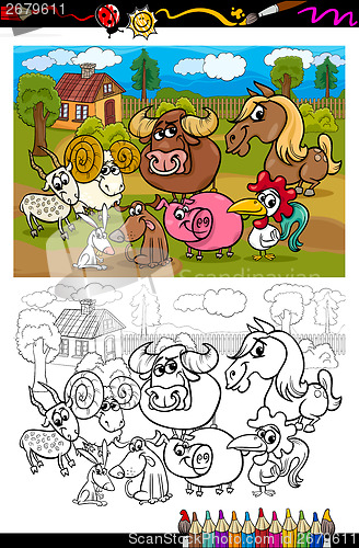 Image of cartoon farm animals for coloring book