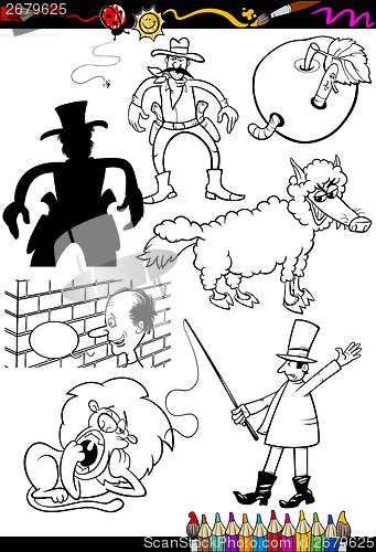 Image of cartoon characters set for coloring book