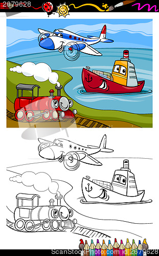 Image of cartoon plane train ship coloring page
