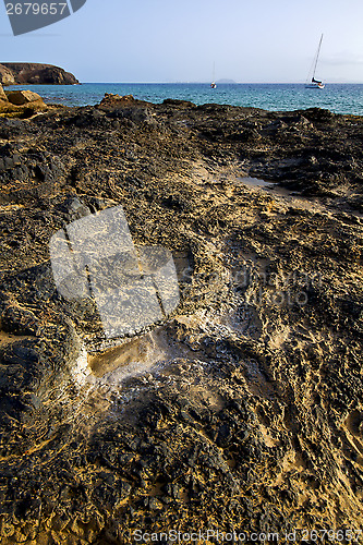 Image of in lanzarote  spain musk pond beach  water yacht boat coastline