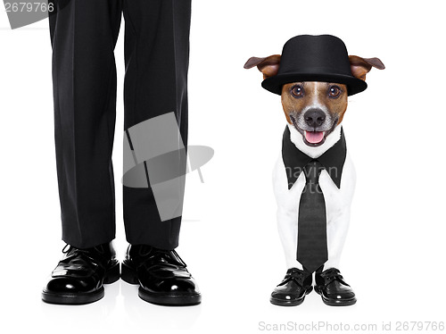 Image of tuxedo dog and owner 