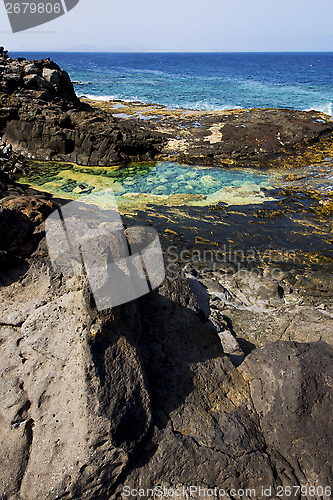 Image of coastline in lanzarote spain   cloud beach  water   summer    