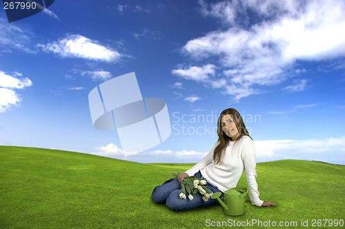 Image of Beautiful woman with tulips