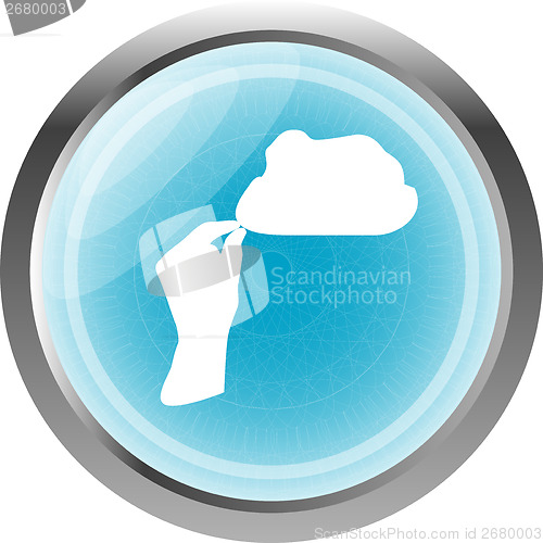 Image of hand and cloud blue web button isolated on white