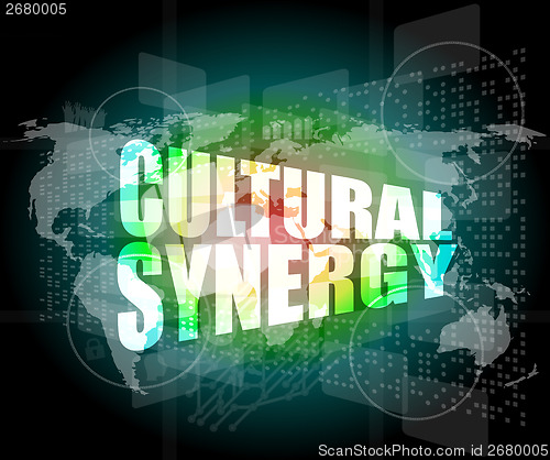 Image of cultural synergy words on digital screen with world map