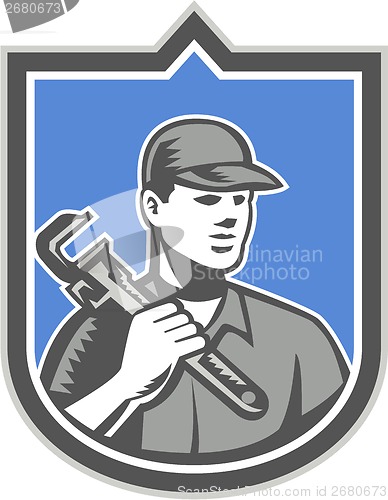 Image of Plumber Holding Wrench Woodcut Shield 