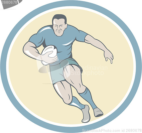 Image of Rugby Player Running Ball Circle Cartoon