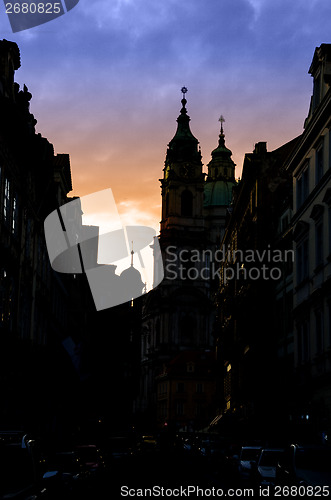 Image of Prague spires in the sunset light, silhouette 