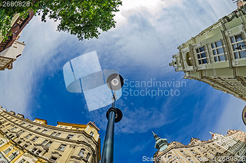 Image of fisheye lens look of the Old Town on sky background . Prague