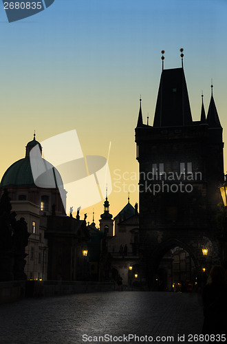 Image of Prague spires in the sunset light, silhouette 