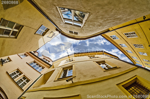 Image of fisheye lens look of the Old Town on sky background . Prague