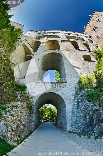 Image of famous storey bridge in Cesky Krumlov - Czech Republic