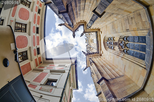 Image of fisheye lens look of the Old Town on sky background . Prague