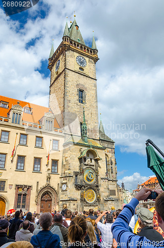 Image of The famous clock tower of Prague City Hall 