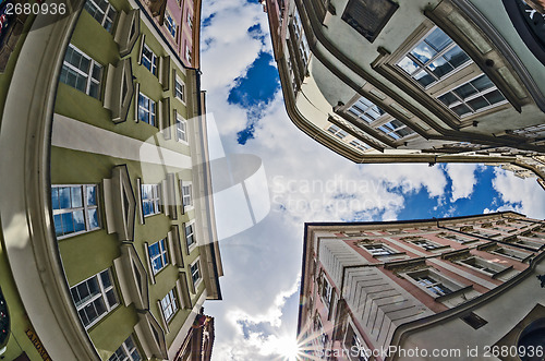 Image of fisheye lens look of the Old Town on sky background . Prague