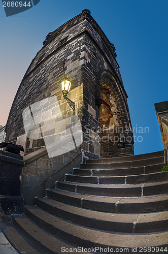 Image of Tower on Charles Bridge in Prague early in the morning at sunris