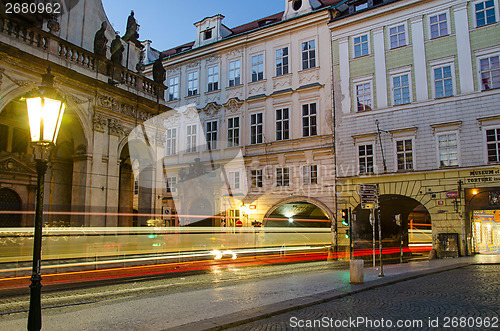 Image of tram at night in Prague