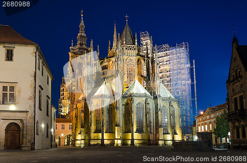 Image of rear view of St. Vitus Cathedral at night 