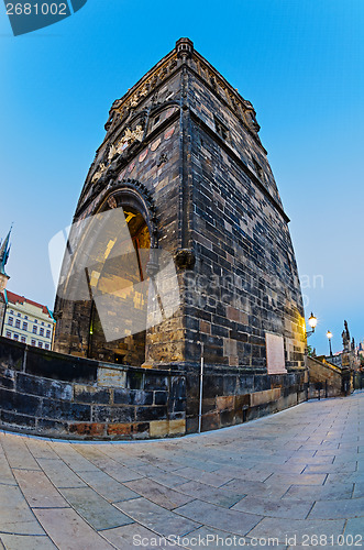Image of Tower on Charles Bridge in Prague early in the morning at sunris