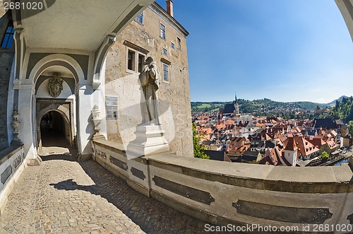 Image of Krumlov town from castle bridge , Czech