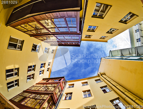 Image of fisheye lens look of the Old Town on sky background . Prague