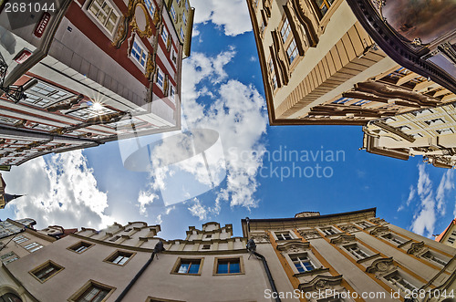 Image of fisheye lens look of the Old Town on sky background . Prague