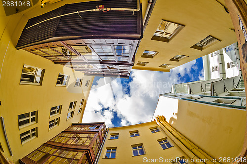 Image of fisheye lens look of the Old Town on sky background . Prague