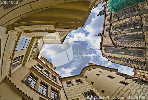 Image of fisheye lens look of the Old Town on sky background . Prague