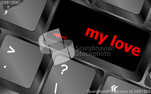 Image of my love on key or keyboard showing internet dating concept