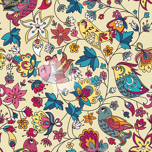 Image of Seamless floral pattern with birds
