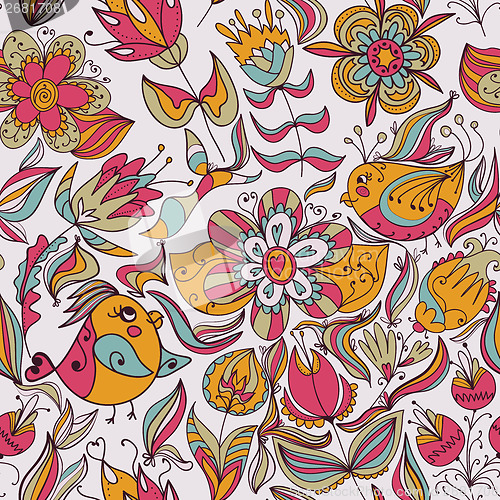 Image of Seamless floral pattern with birds