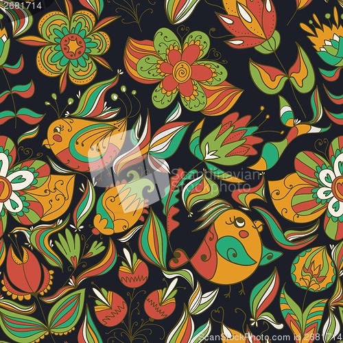 Image of Seamless dark floral pattern with birds