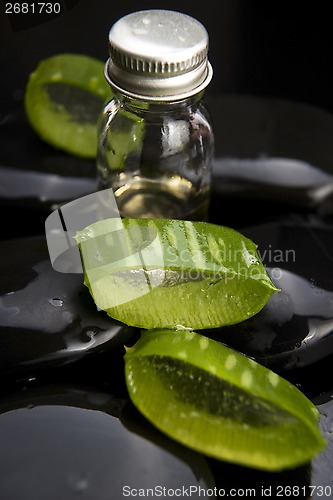 Image of Sliced aloe leaves with oil on the stone