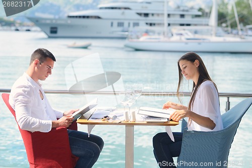 Image of couple having lanch at beautiful restaurant