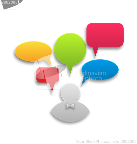 Image of Icon of businessman with set colorful speech bubbles