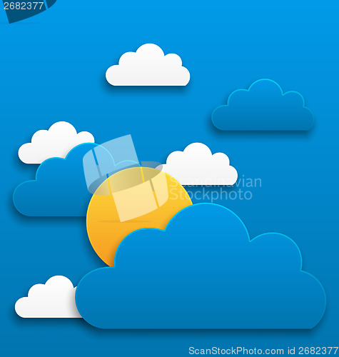 Image of Paper sun with clouds, abstract summer background