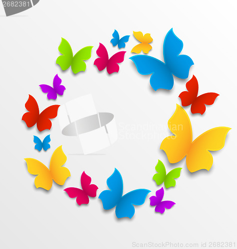Image of Spring card with colorful butterflies, circle composition