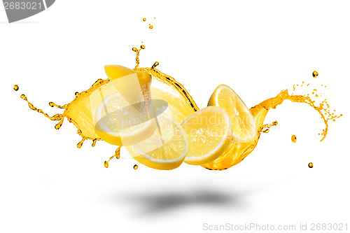 Image of Falling slices of lemon with juice splash isolated on white