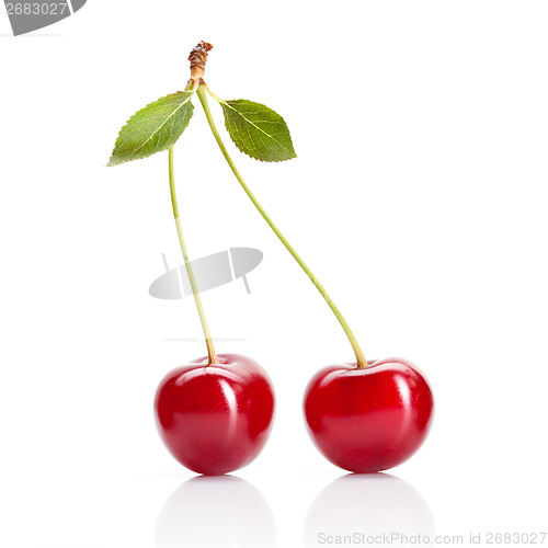 Image of Red cherry with leaves isolated on white