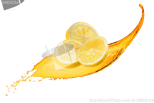 Image of Falling slices of lemon with juice splash isolated on white