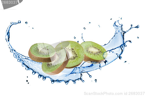 Image of slices of kiwi with water splash isolated on white