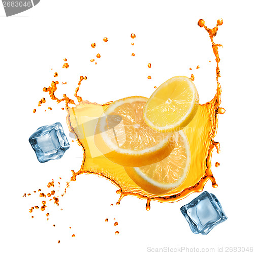 Image of flying slices of orange and lemon in juice splash isolated on wh