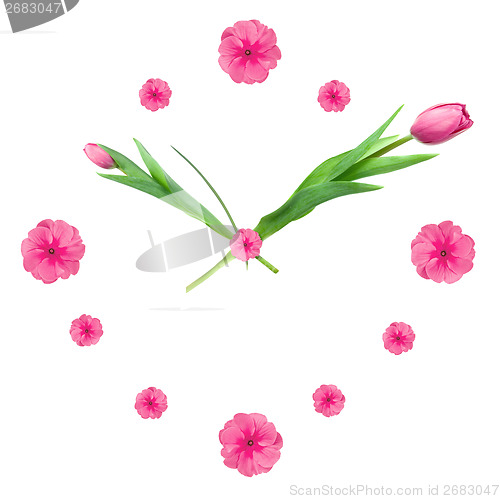 Image of Clock made of pink tulips isolated on white