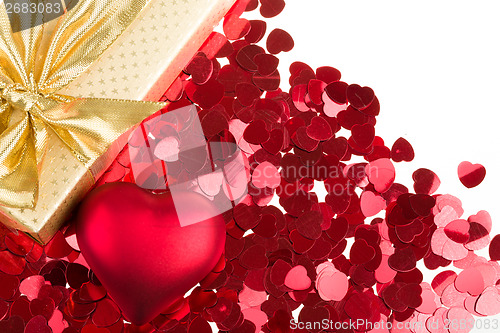 Image of Red hearts confetti on white background