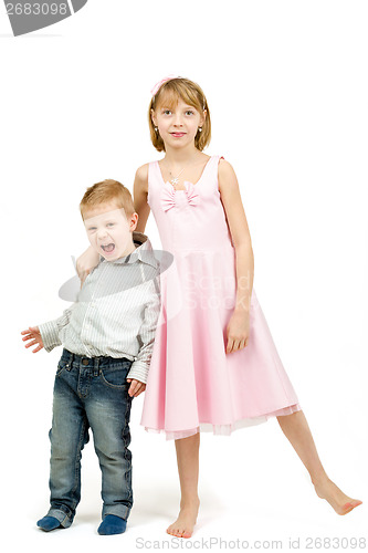 Image of Studio portrait of siblings beautiful boy and girl