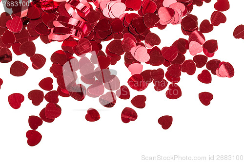 Image of Red hearts confetti on white background