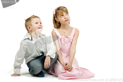 Image of Studio portrait of siblings beautiful boy and girl