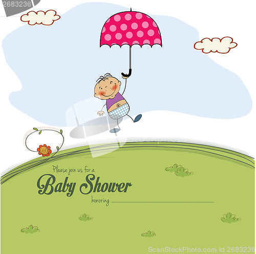 Image of baby shower card with a boy who lands on a meadow